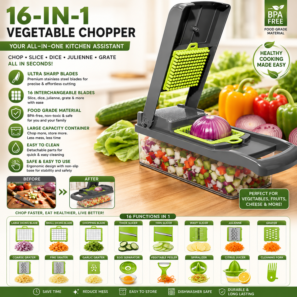 16-in-1 Multi-Function Vegetable Cutter Set – Kitchen Chopper, Slicer & Dicer - Smart Hud
