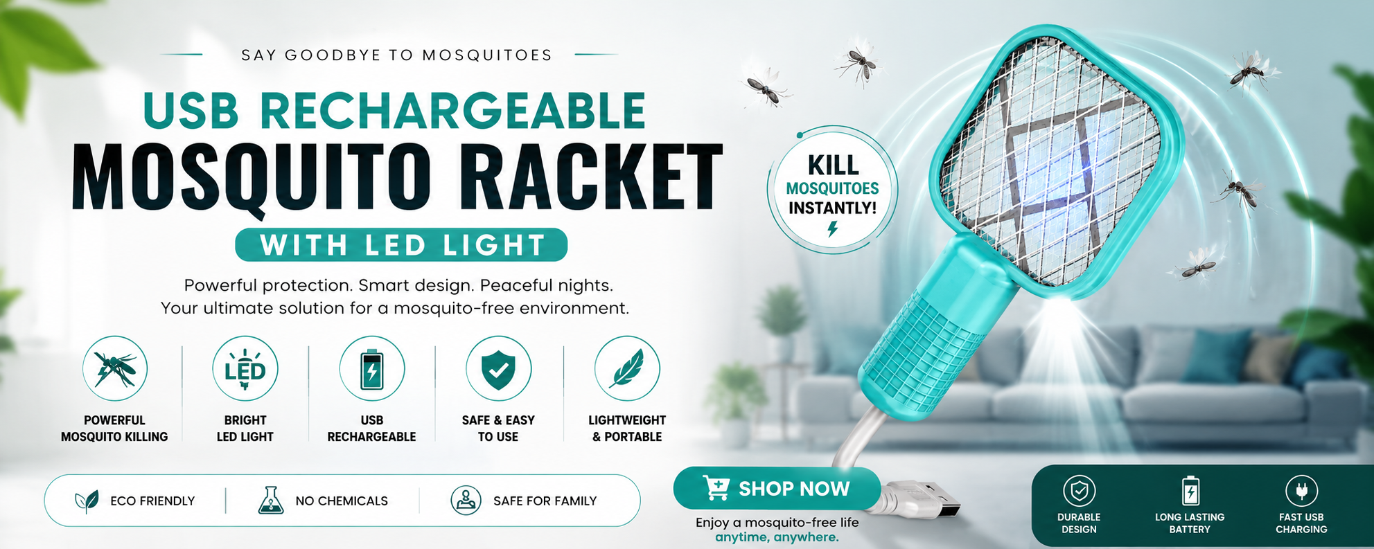 USB Rechargeable Mosquito Racket with LED Light