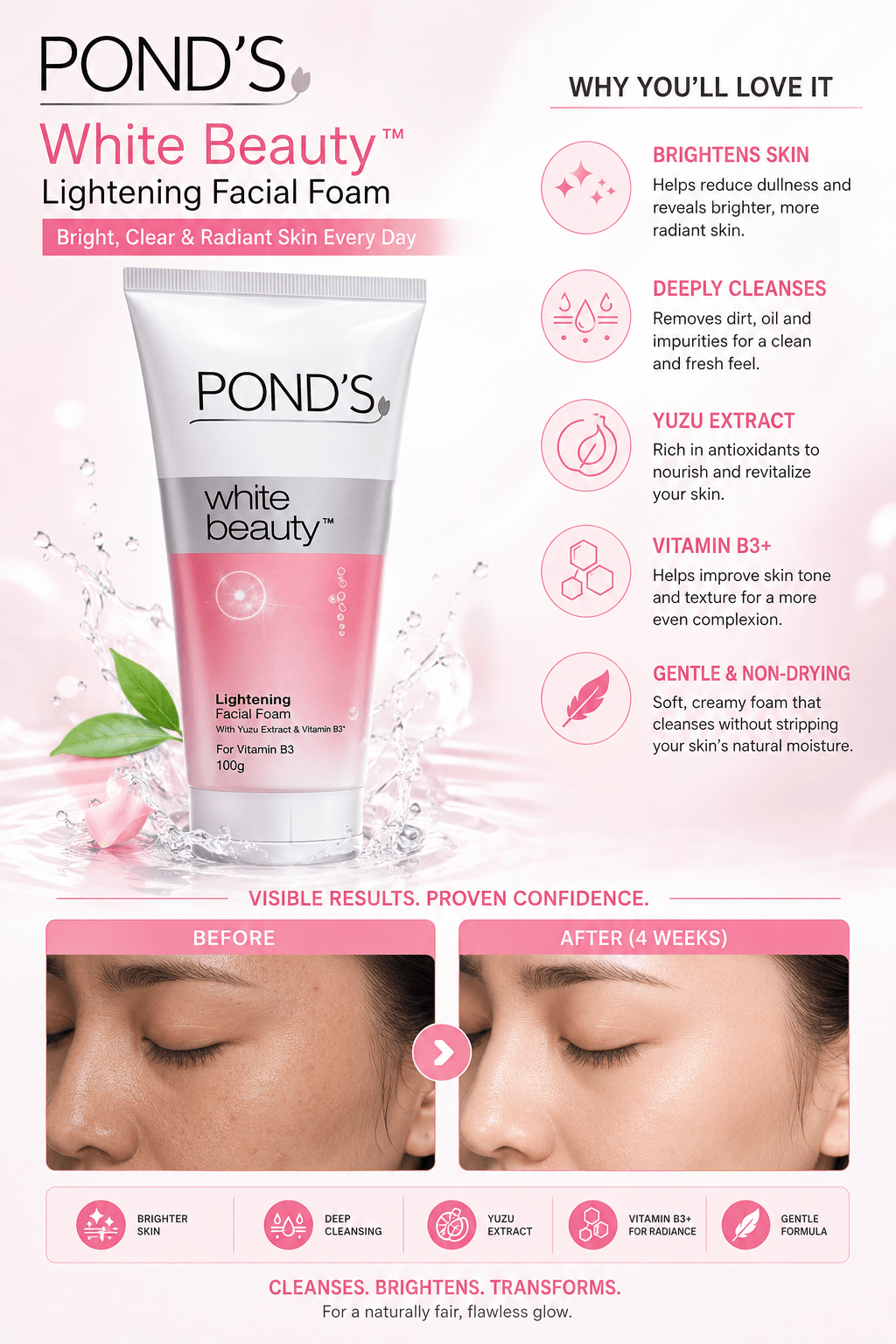 Pond's White Beauty Lightening Facial Foam 100g - Smart Hud