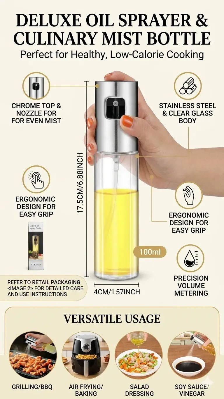 Premium Edible Oil Spray Bottle 100ml – Refillable Fine Mist Cooking Sprayer for Kitchen & BBQ - Smart Hud