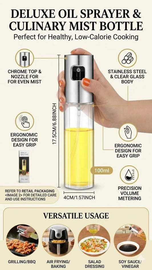 Premium Edible Oil Spray Bottle 100ml – Refillable Fine Mist Cooking Sprayer for Kitchen & BBQ - Smart Hud